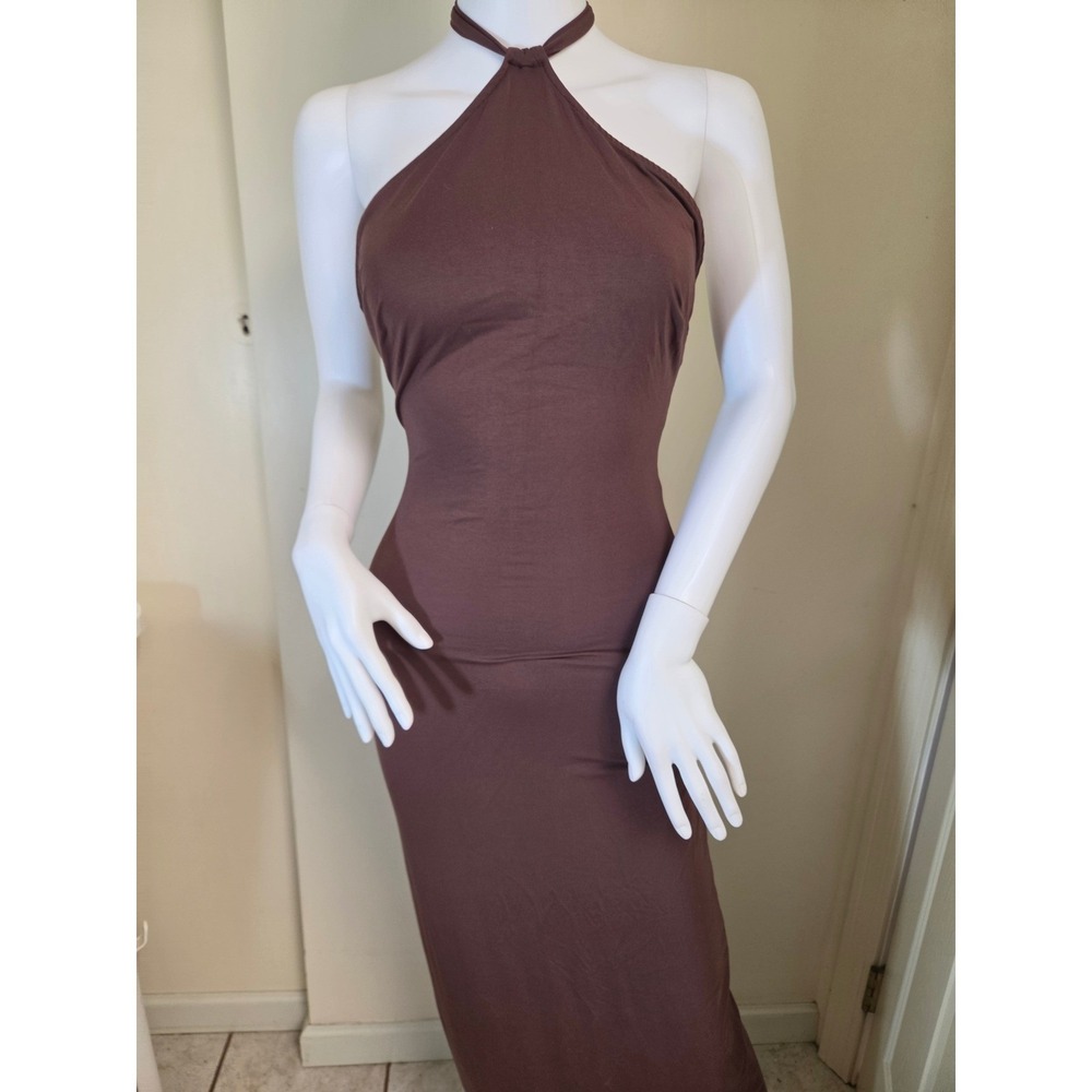 Khy Sheer Halter Backless Maxi Dress Chocolate Brown Small PK24-5023-F021-CHOC-S